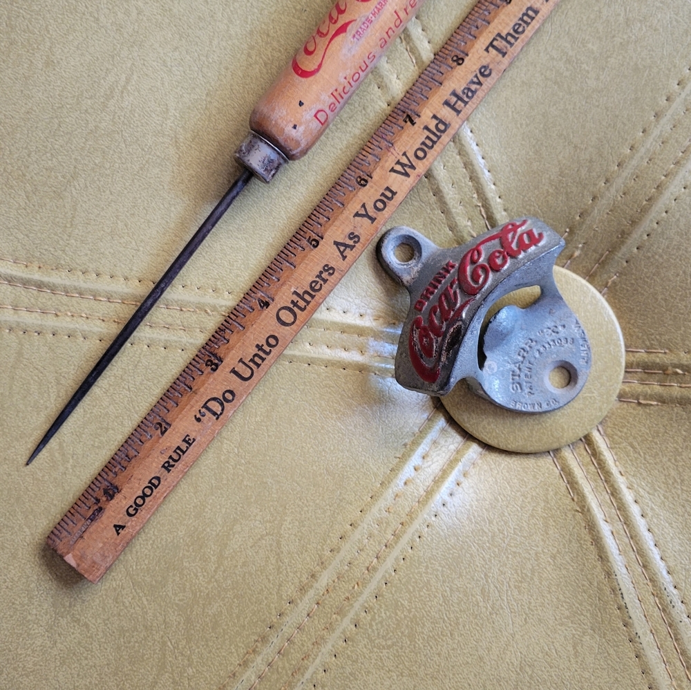 Vintage/Antique Coca-Cola bottle opener, ice pick & ruler